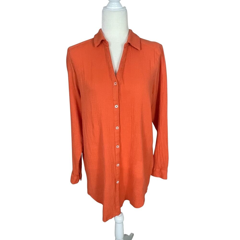 Lilla P Cotton Gauze Textured Button Up Shirt Orange Small Travel Beach Cover Up